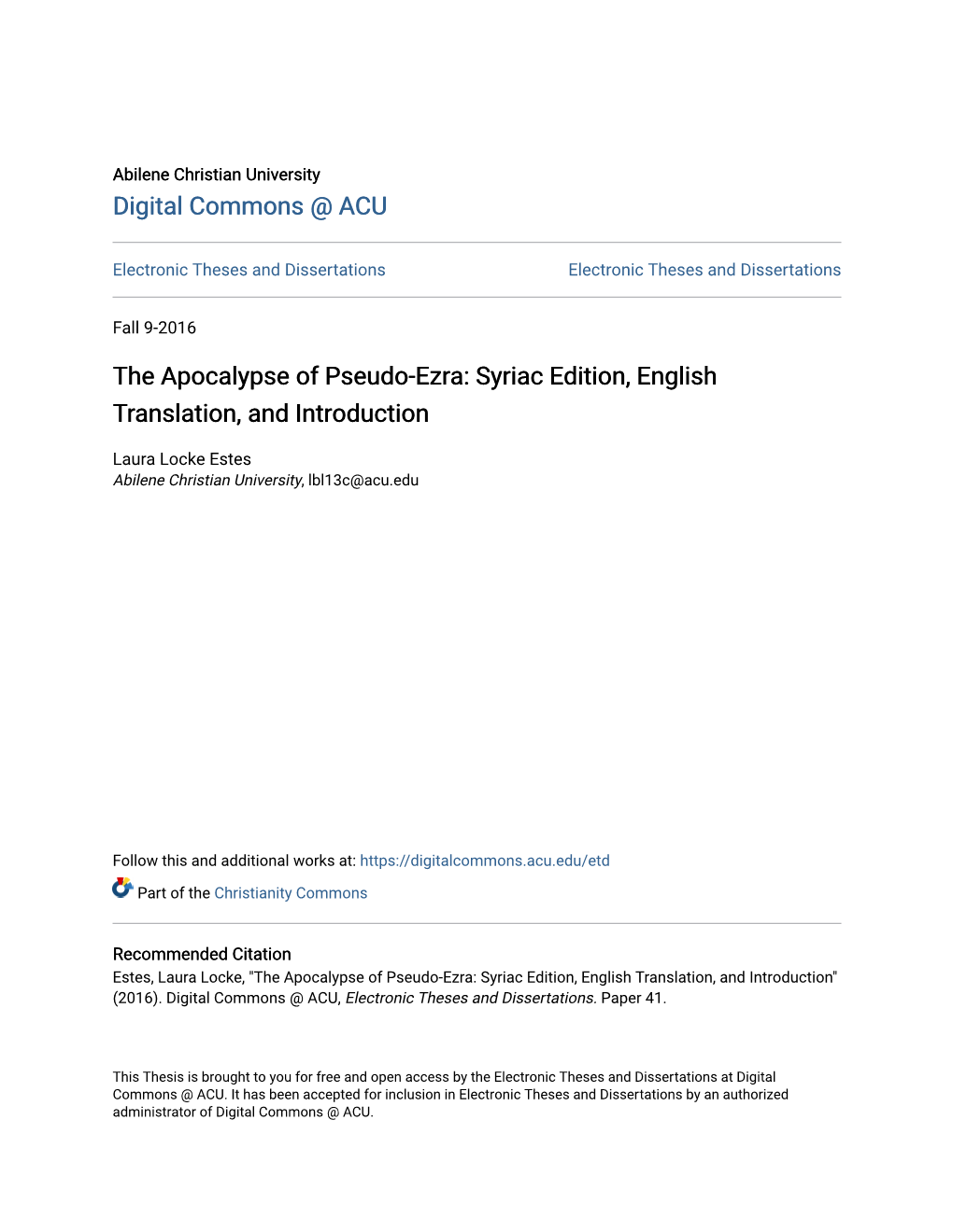 The Apocalypse of Pseudo-Ezra: Syriac Edition, English Translation, and Introduction