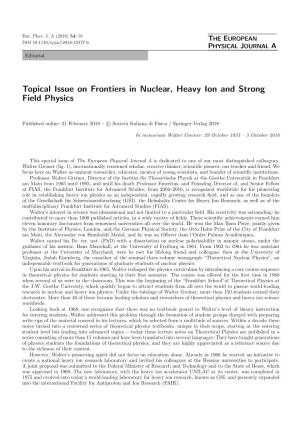 Topical Issue on Frontiers in Nuclear, Heavy Ion and Strong Field Physics