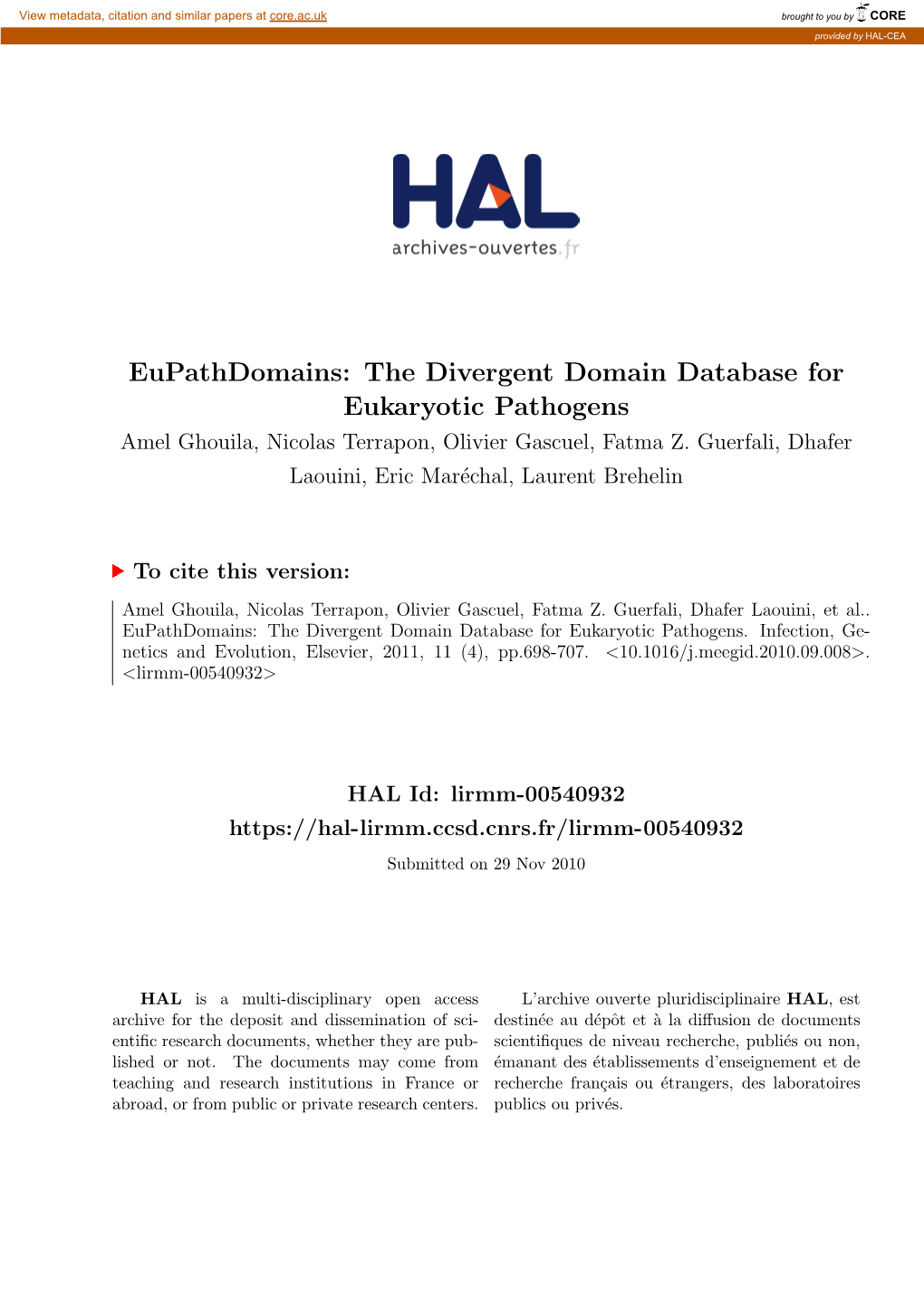 The Divergent Domain Database for Eukaryotic Pathogens Amel Ghouila, Nicolas Terrapon, Olivier Gascuel, Fatma Z