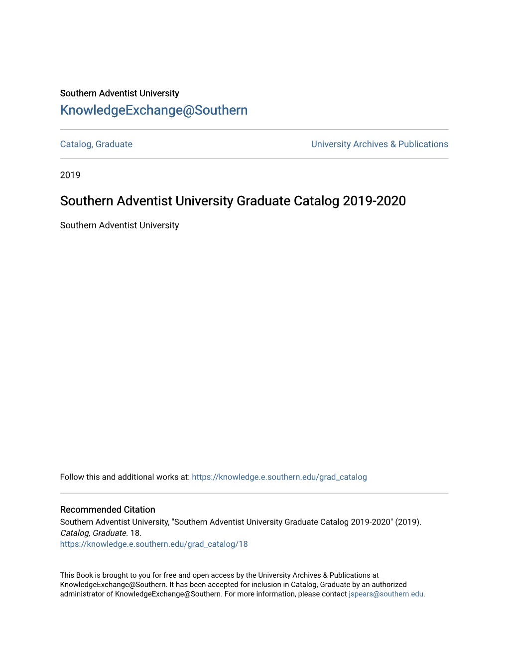 Southern Adventist University Graduate Catalog 2019-2020