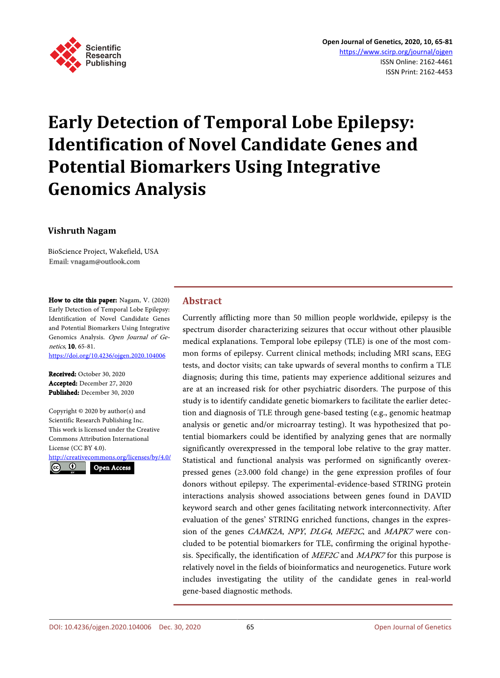 Early Detection of Temporal Lobe Epilepsy: Identification of Novel Candidate Genes and Potential Biomarkers Using Integrative Genomics Analysis