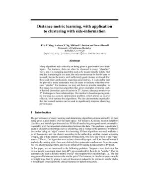Distance Metric Learning, with Application to Clustering with Side-Information