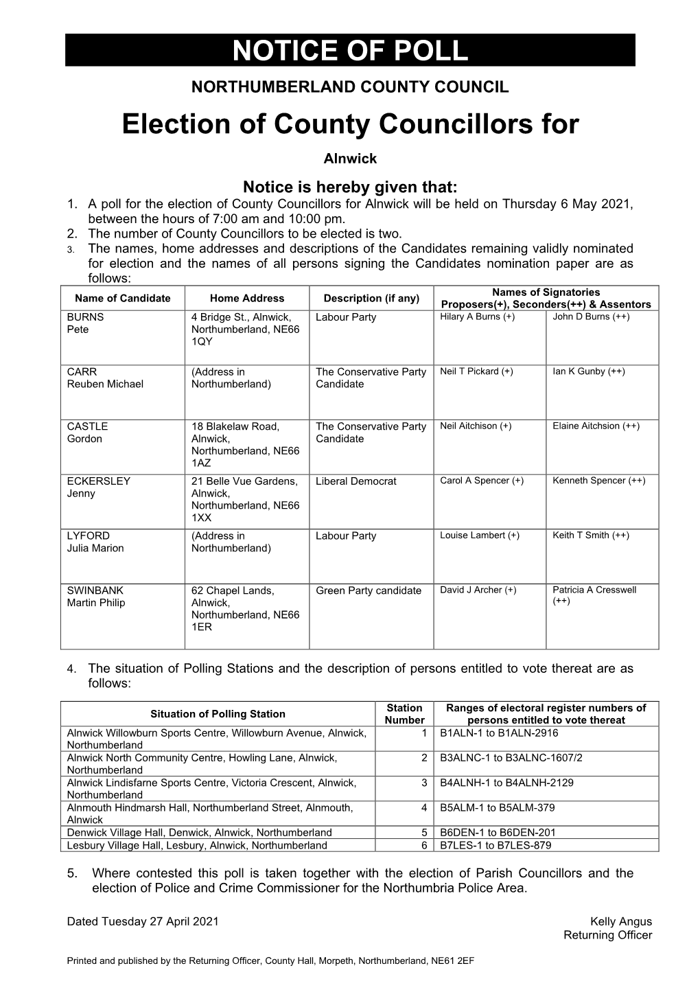 NOTICE of POLL Election of County