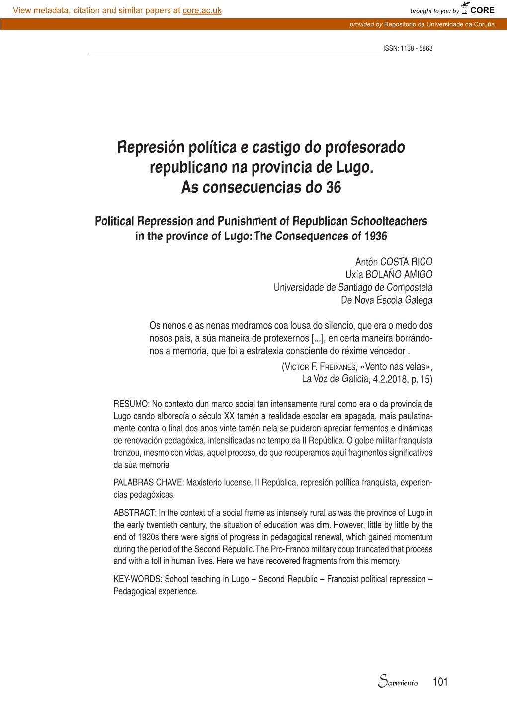 Represión Política E Castigo Do Profesorado Republicano Na Provincia De Lugo