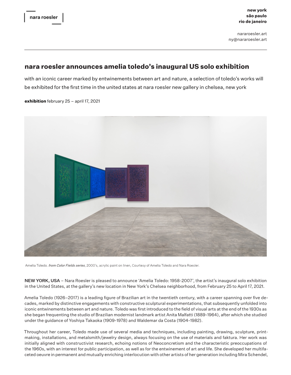 Nara Roesler Announces Amelia Toledo's Inaugural US Solo Exhibition