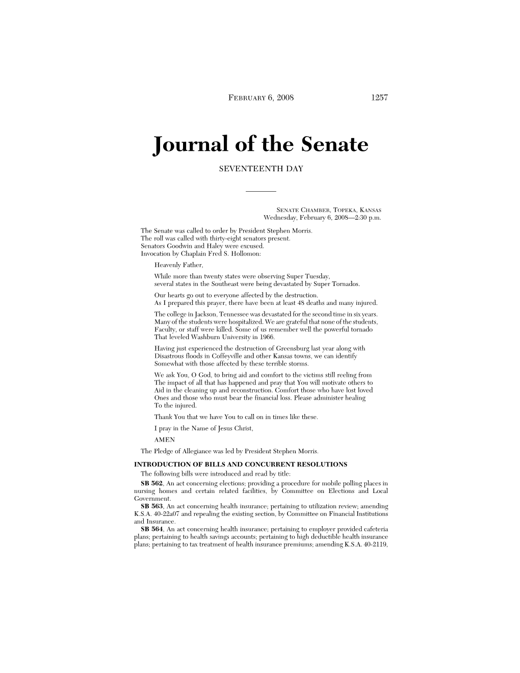 Journal of the Senate SEVENTEENTH DAY