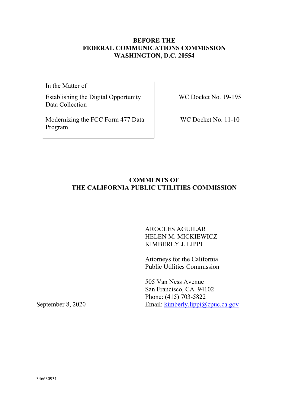 Comments of the California Public Utilities Commission