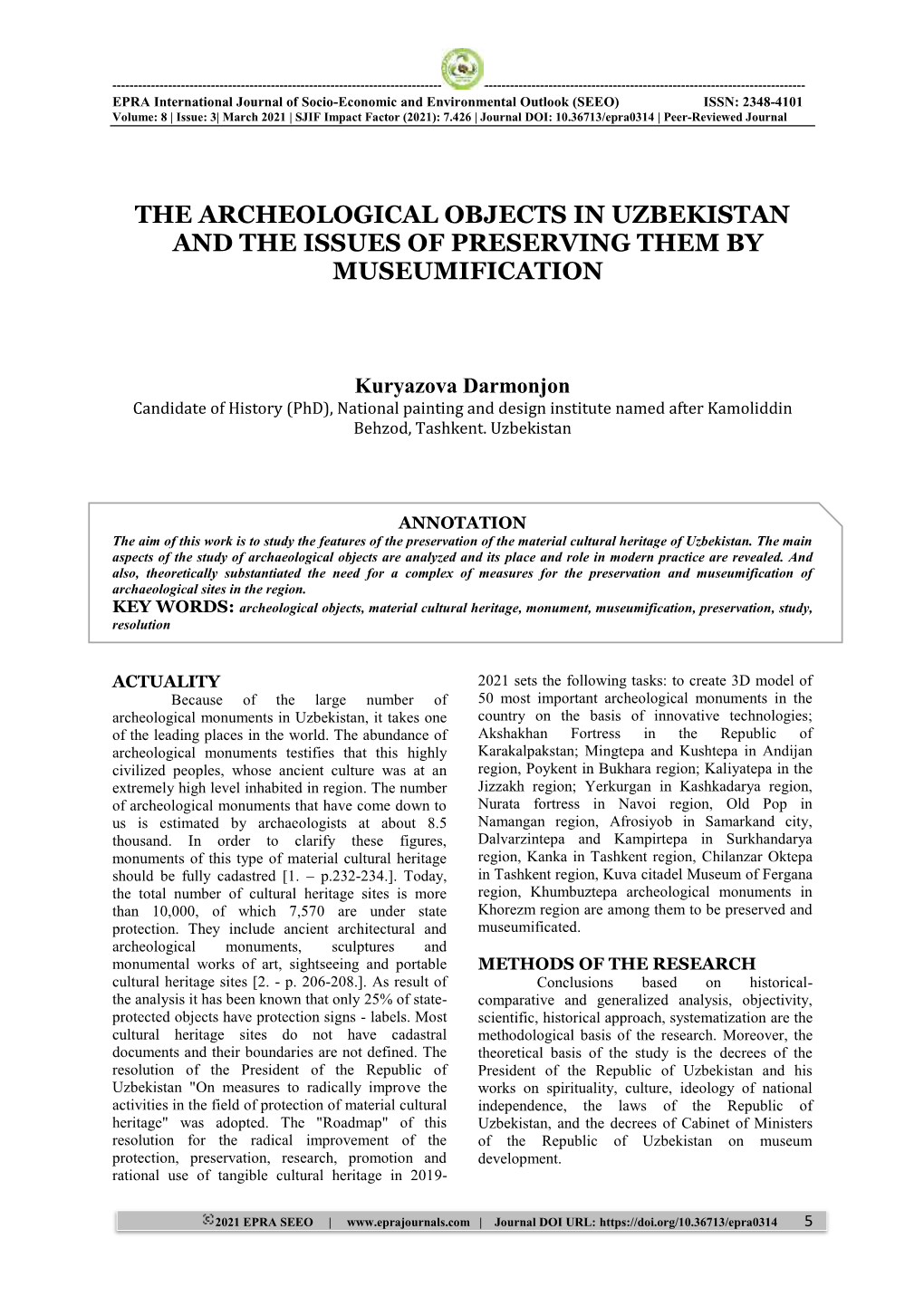 The Archeological Objects in Uzbekistan and the Issues of Preserving Them by Museumification