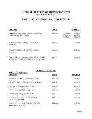 In the State Court of Richmond County State of Georgia Traffic Violations Bureau Cash Bond List