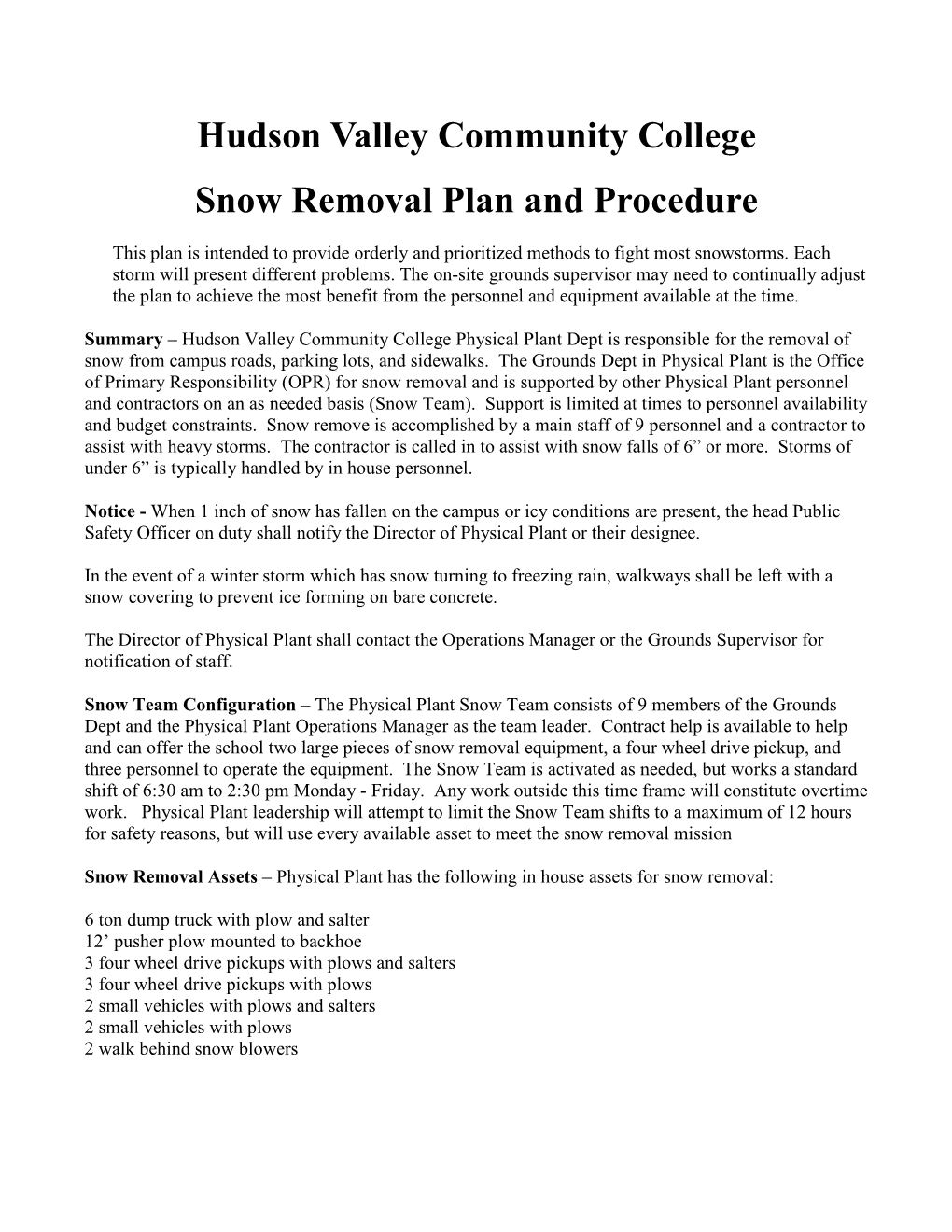 Snow Removal Plan and Procedure