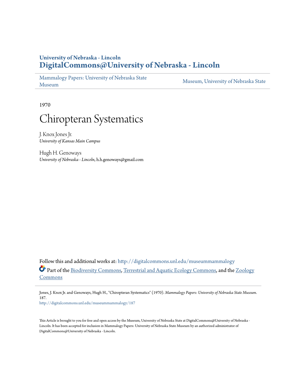 Chiropteran Systematics J