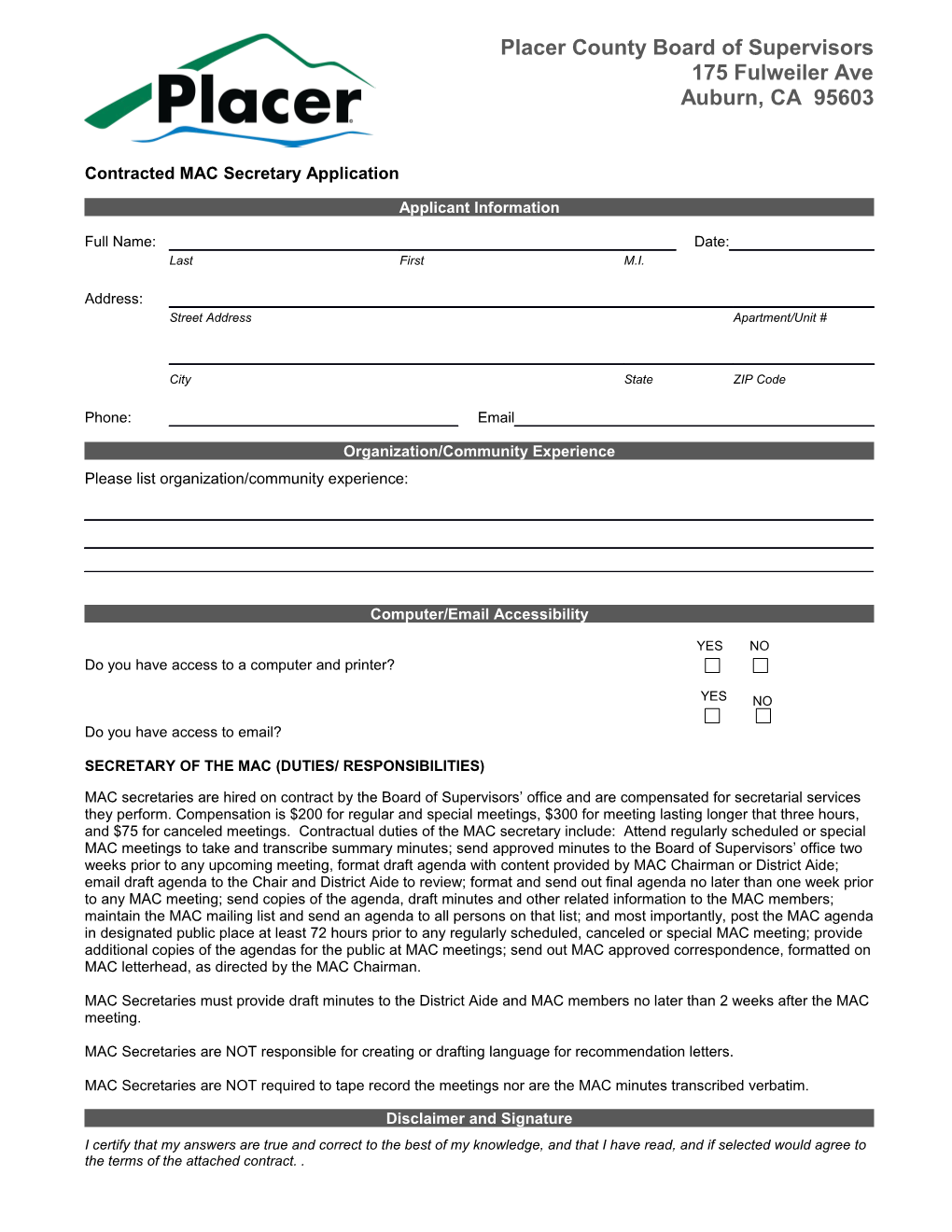 Contracted MAC Secretary Application