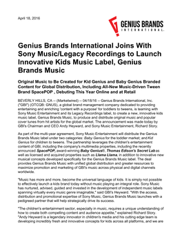 Genius Brands International Joins with Sony Music/Legacy Recordings to Launch Innovative Kids Music Label, Genius Brands Music