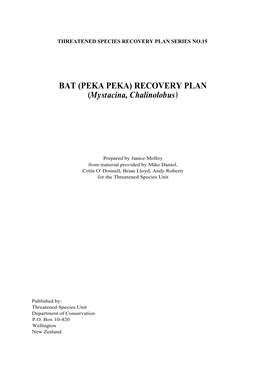 BAT (PEKA PEKA) RECOVERY PLAN (Mystacina, Chalinolobus)
