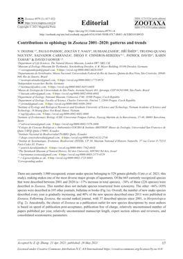 Contributions to Ophiology in Zootaxa 2001–2020: Patterns and Trends