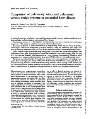 Comparison of Pulmonary Artery and Pulmonary Venous Wedge Pressure in Congenital Heart Disease