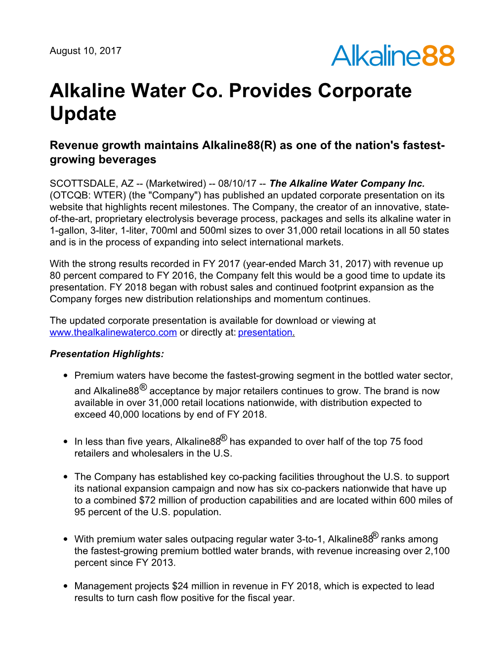 Alkaline Water Co. Provides Corporate Update