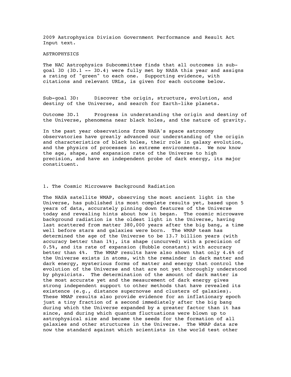 2009 Astrophysics Division Government Performance and Result Act Input Text