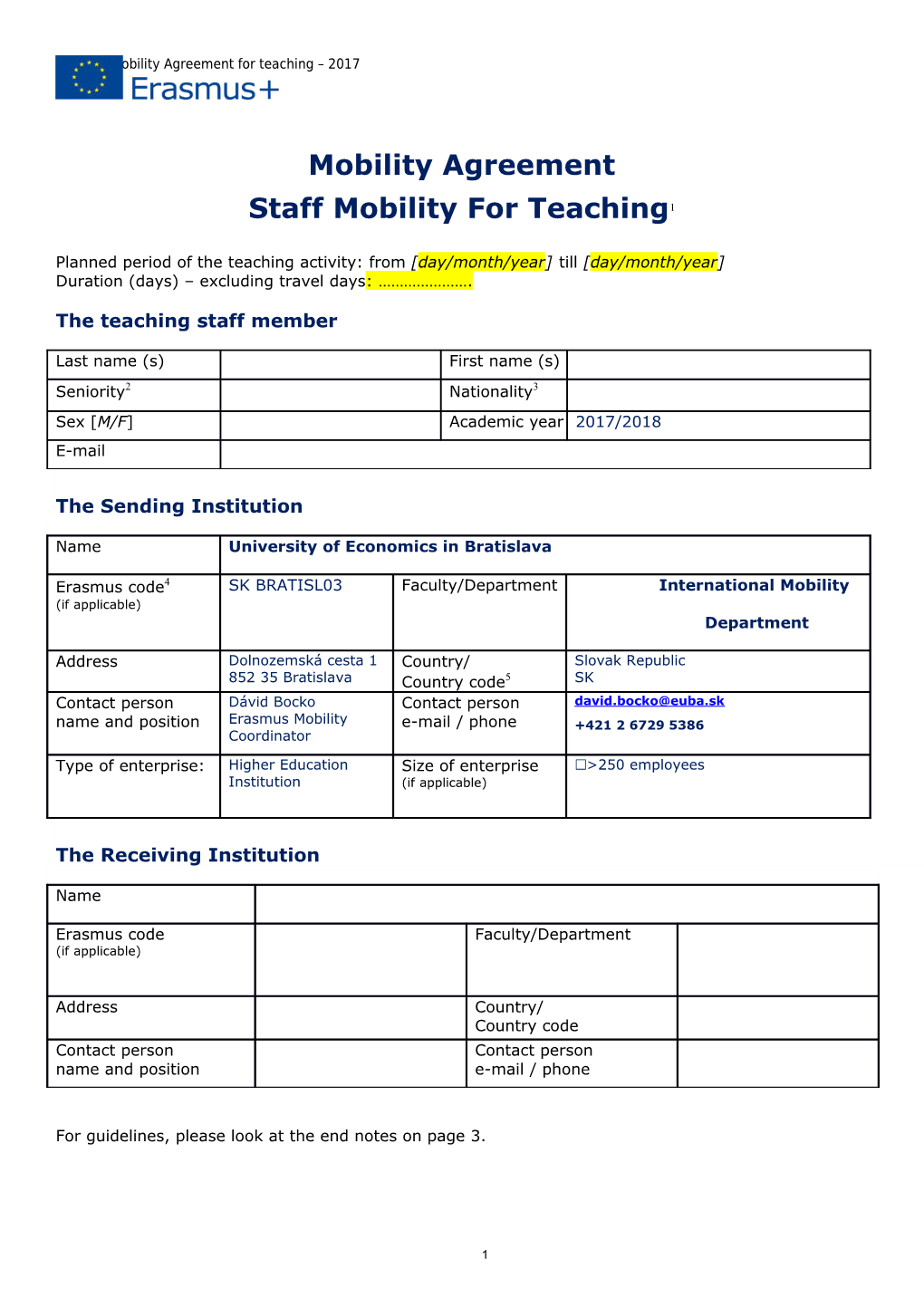 HE Staff Mobility Agreement for Teaching 2017