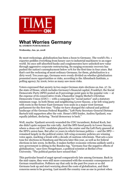 What Worries Germany by ANDREW PURVIS/BERLIN