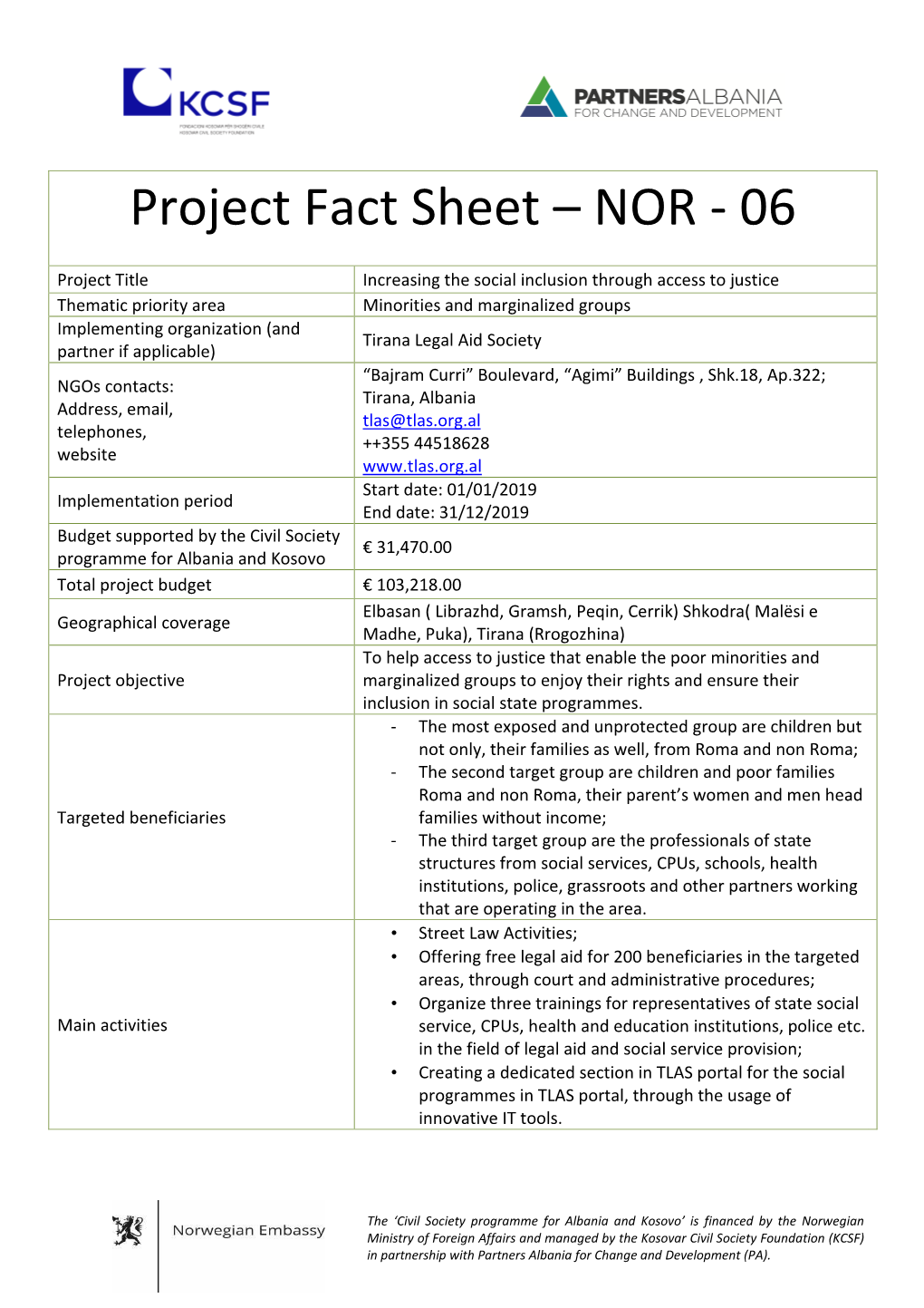 Project Fact Sheet – NOR - 06