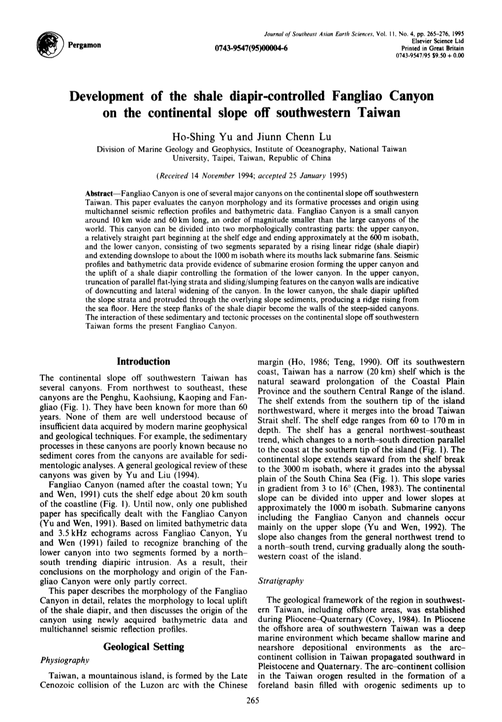 Development of the Shale Diapir-Controlled Fangliao Canyon on the Continental Slope Off Southwestern Taiwan