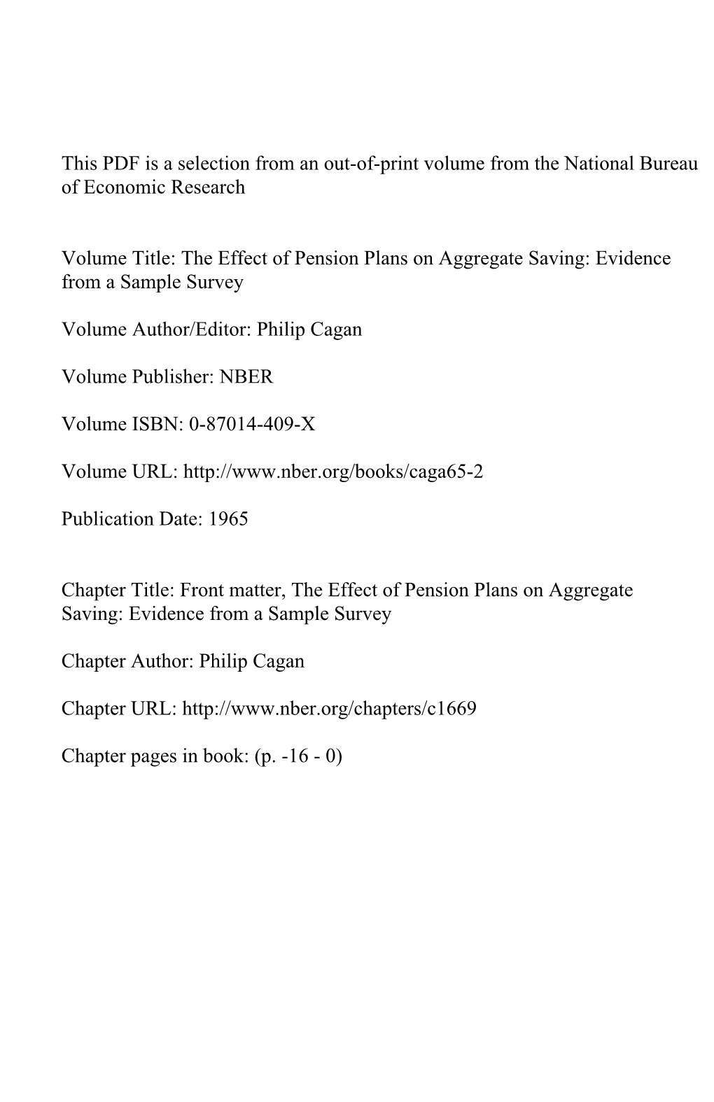 Front Matter, the Effect of Pension Plans on Aggregate Saving: Evidence from a Sample Survey