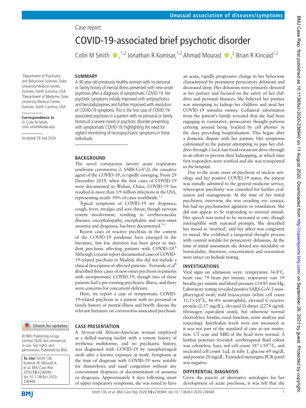 COVID-19-Associated Brief Psychotic Disorder