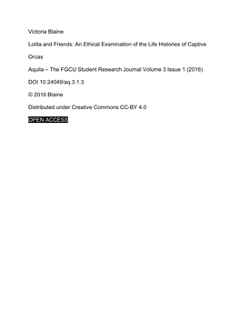 Victoria Blaine Lolita and Friends: an Ethical Examination of the Life Histories of Captive Orcas Aquila – the FGCU Student Re