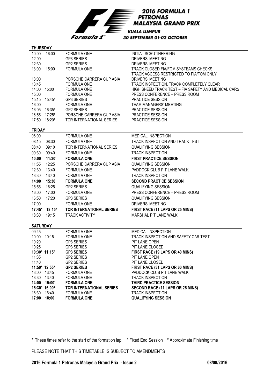 These Times Refer to the Start of the Formation Lap ¹ Fixed End Session ² Approximate Finishing Time