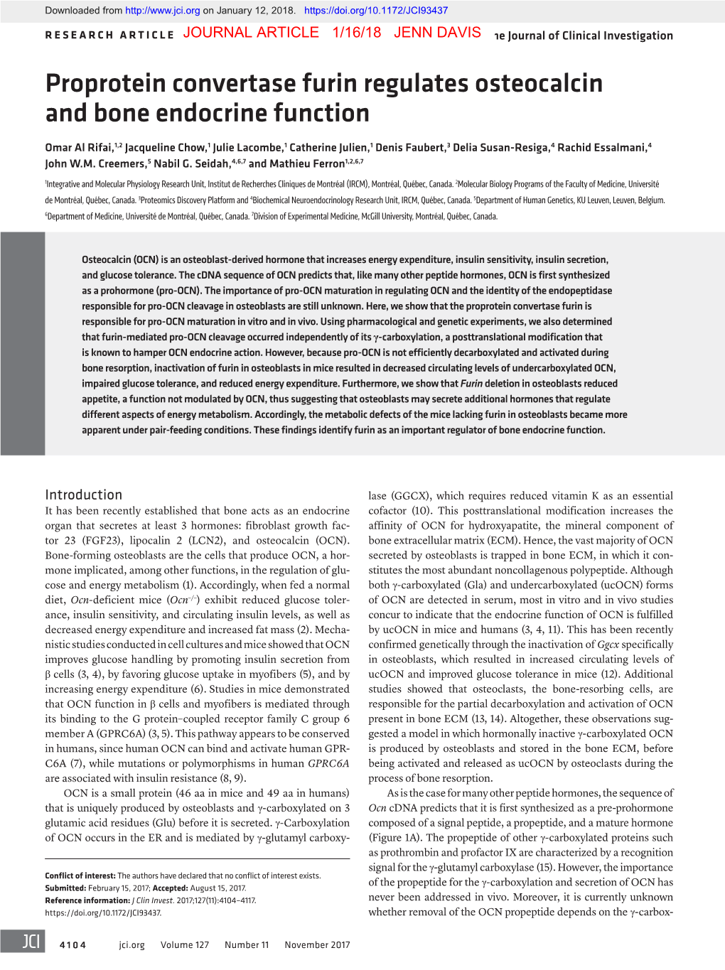 Proprotein Convertase Furin Regulates Osteocalcin and Bone Endocrine Function