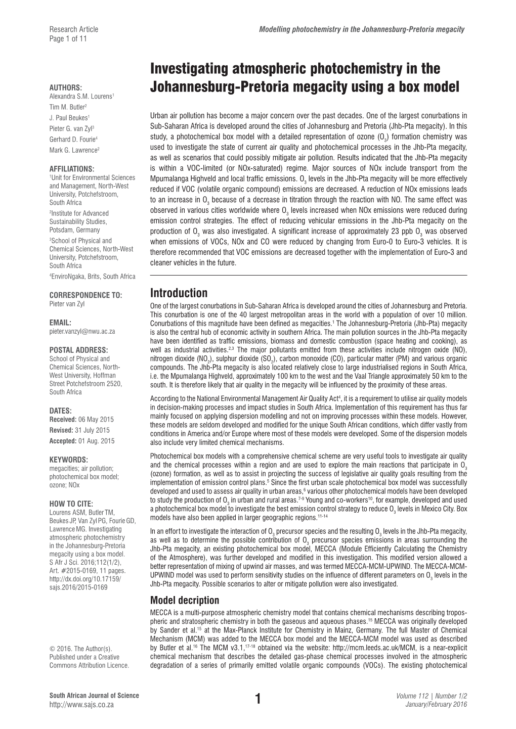 Investigating Atmospheric Photochemistry in the AUTHORS: Johannesburg-Pretoria Megacity Using a Box Model Alexandra S.M