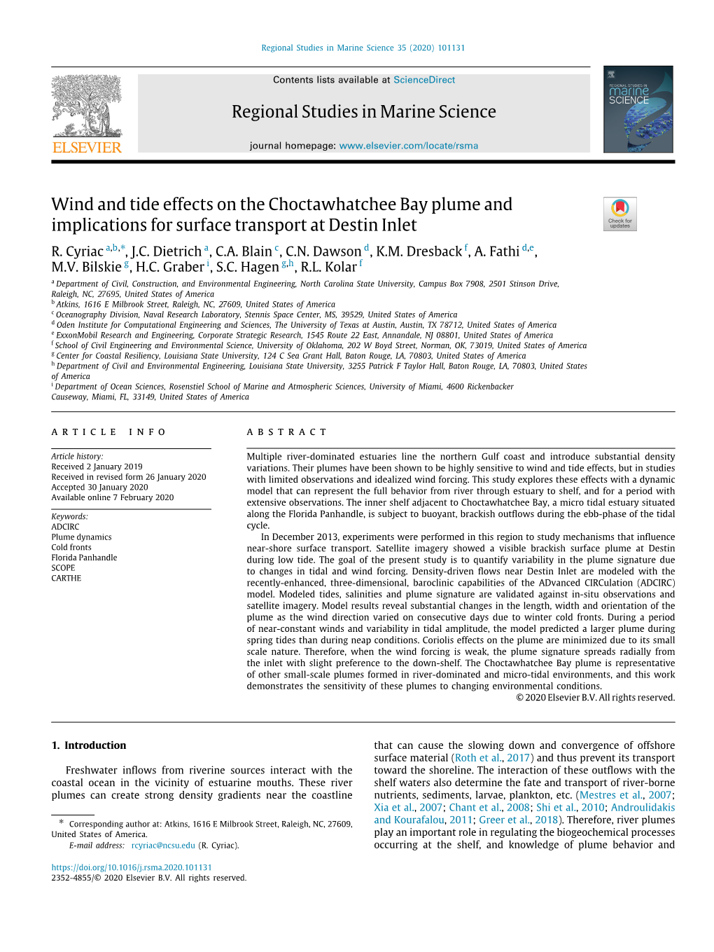 Regional Studies in Marine Science Wind and Tide Effects on the Choctawhatchee Bay Plume and Implications for Surface Transport