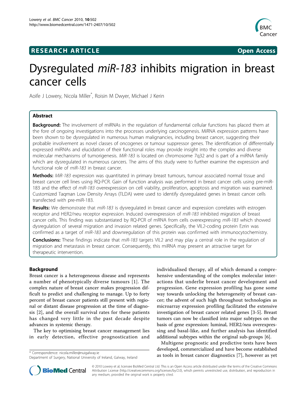 Dysregulated Mir-183 Inhibits Migration in Breast Cancer Cells Aoife J Lowery, Nicola Miller*, Roisin M Dwyer, Michael J Kerin