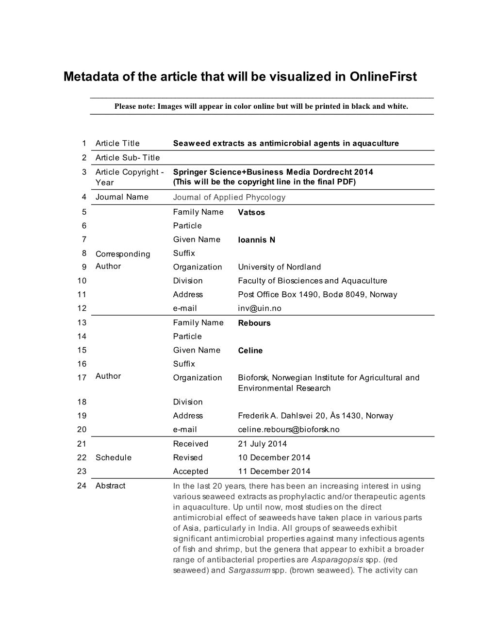 Metadata of the Article That Will Be Visualized in Onlinefirst ______