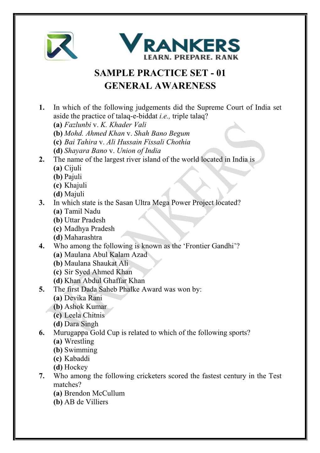 Sample Practice Set - 01 General Awareness