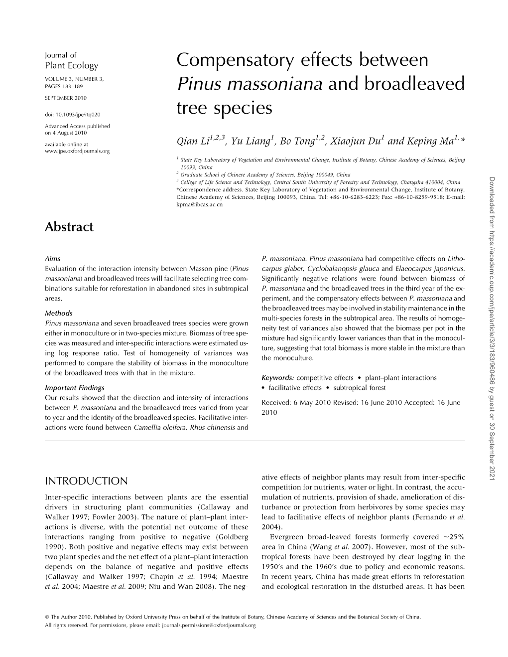 Compensatory Effects Between Pinus Massoniana and Broadleaved Tree Species