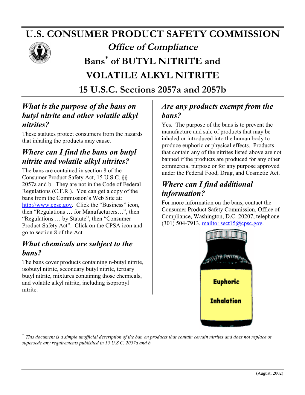 Bans of BUTYL NITRITE and VOLATILE ALKYL NITRITE 15 U.S.C