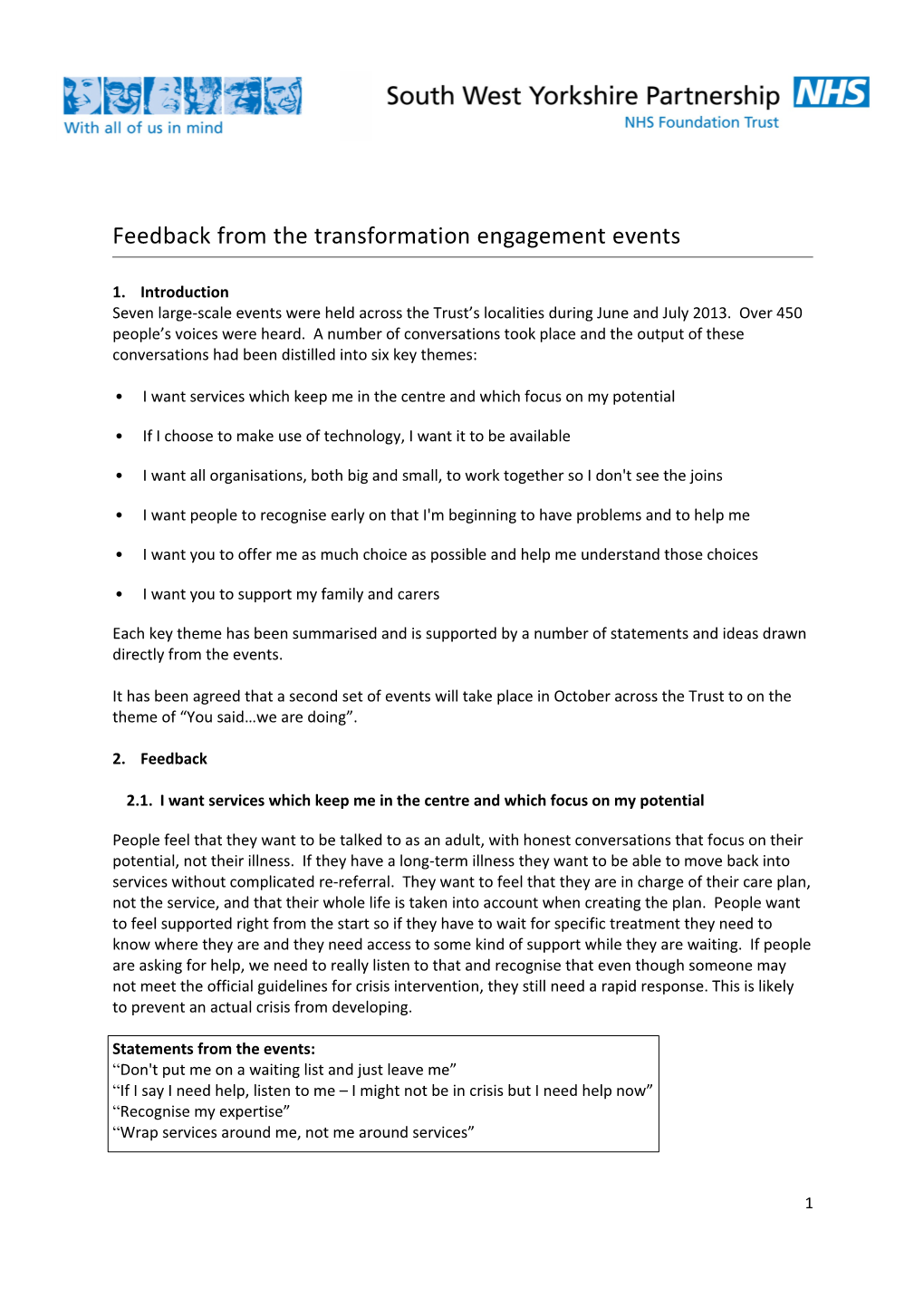 Feedback from the Transformation Engagement Events