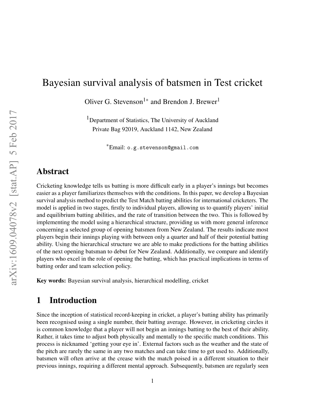 Bayesian Survival Analysis of Batsmen in Test Cricket Arxiv:1609.04078V2 [Stat.AP] 5 Feb 2017