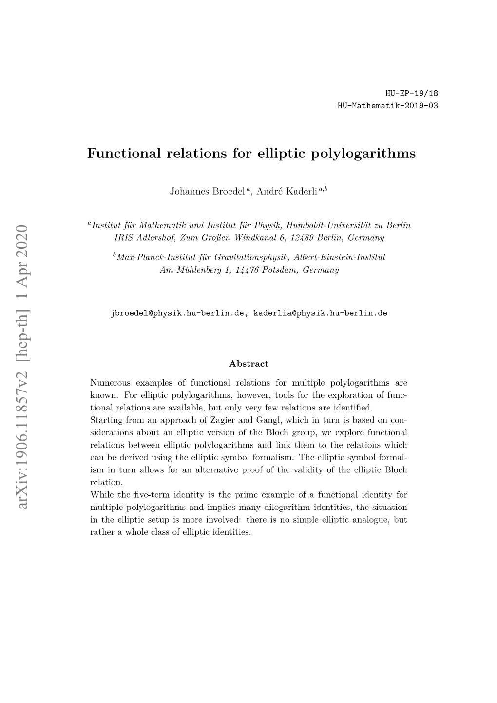 Functional Relations for Elliptic Polylogarithms