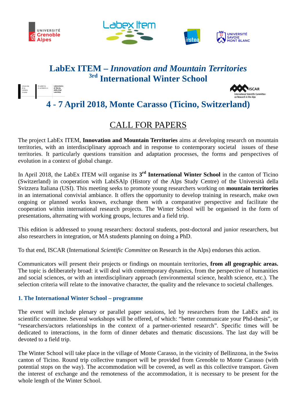 Labex ITEM – Innovation and Mountain Territories 3Rd International Winter School