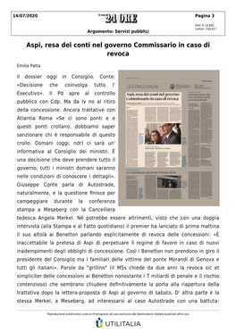 Aspi, Resa Dei Conti Nel Governo Commissario in Caso Di Revoca