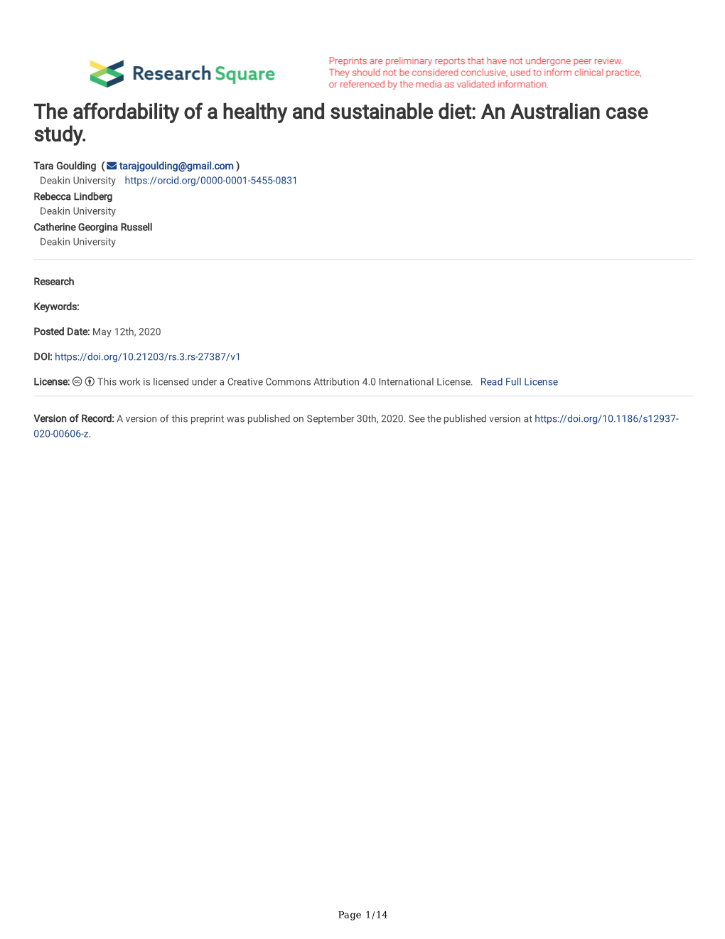 The Affordability of a Healthy and Sustainable Diet: an Australian Case Study