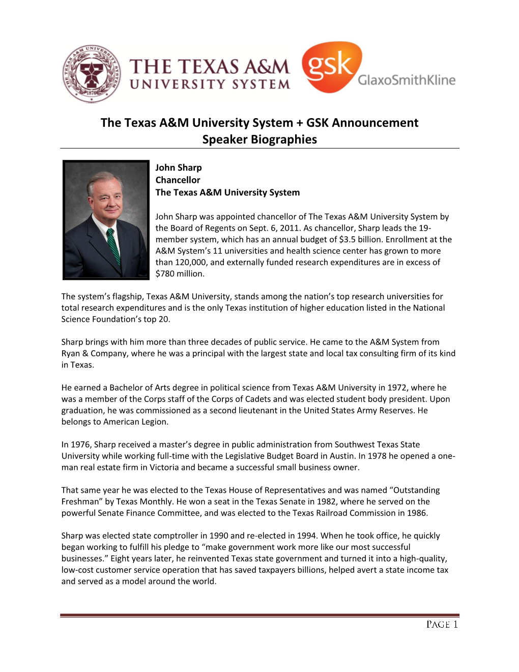 The Texas A&M University System + GSK Announcement Speaker