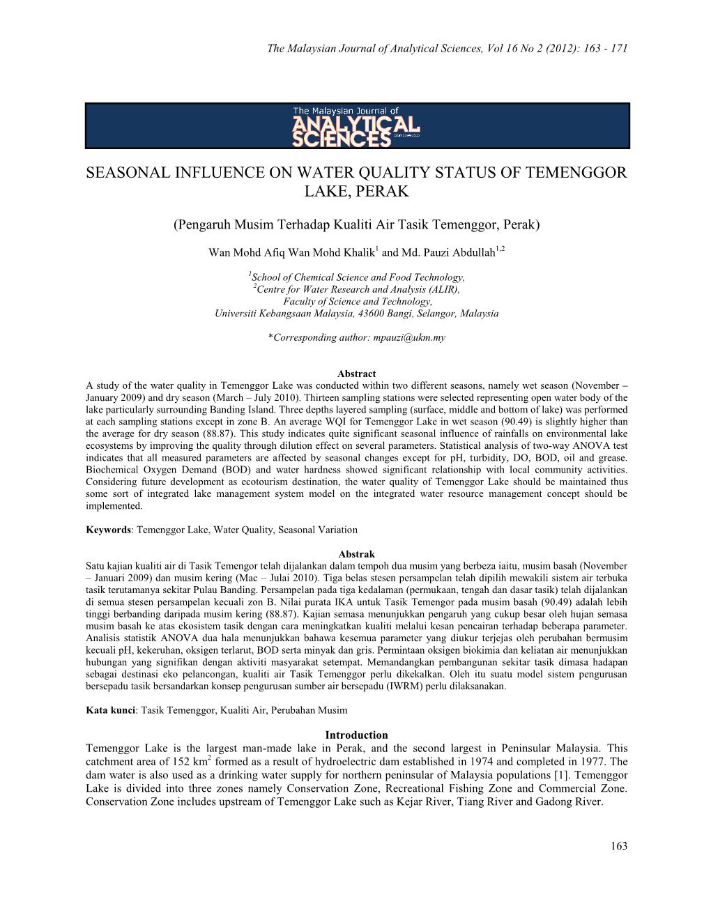 Seasonal Influence on Water Quality Status of Temenggor Lake, Perak