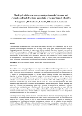 Municipal Solid Waste Management Problems in Morocco and Evaluation of Fuels Fractions- Case Study of the Province of Khenifra