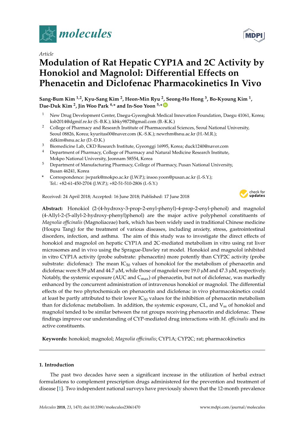 Modulation of Rat Hepatic CYP1A and 2C Activity by Honokiol and Magnolol: Differential Effects on Phenacetin and Diclofenac Pharmacokinetics in Vivo