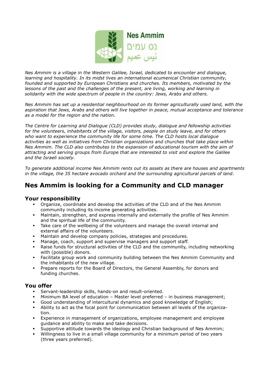 Nes Ammim Is Looking for a Community and CLD Manager