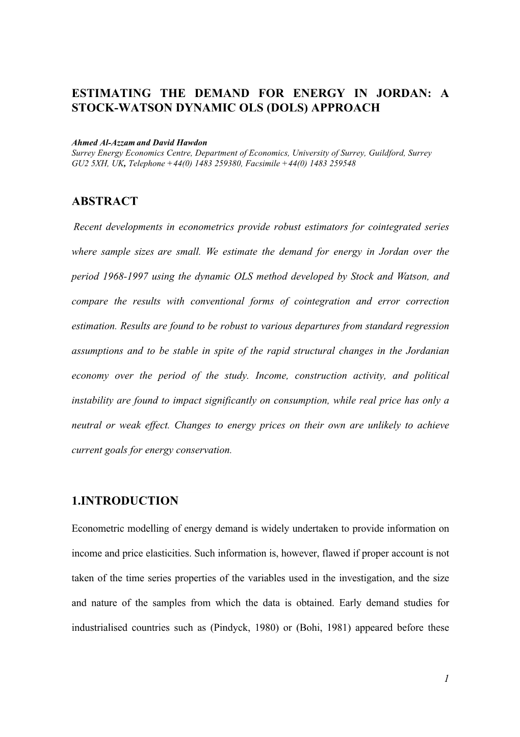 Estimating the Demand for Energy in Jordan: a Stock-Watson Dynamic Ols (Dols) Approach